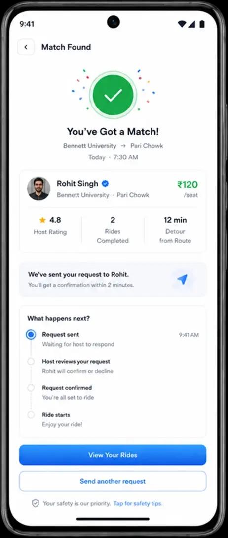 Syinq Match Found screen showing a verified host, rating and the rider's share of the cost