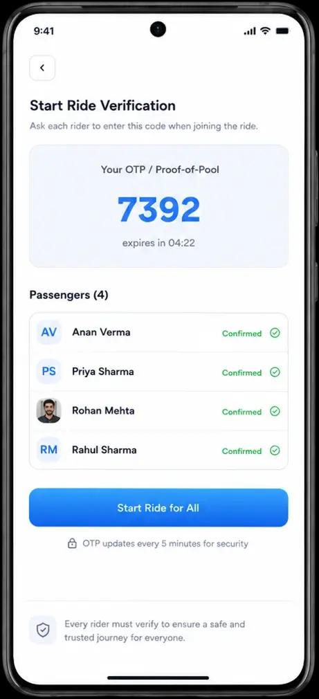 Syinq OTP proof-of-pool verification screen confirming boarding for a shared campus ride