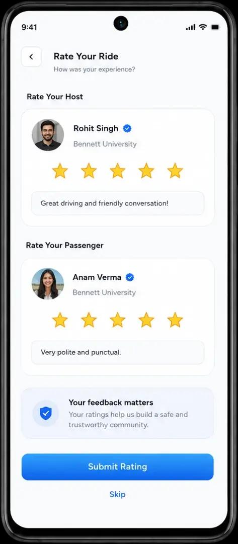 Syinq Rate Your Ride screen for rating your host and fellow riders after a completed campus ride