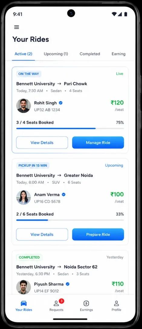Your Rides screen showing a Host's active, upcoming and completed shared rides