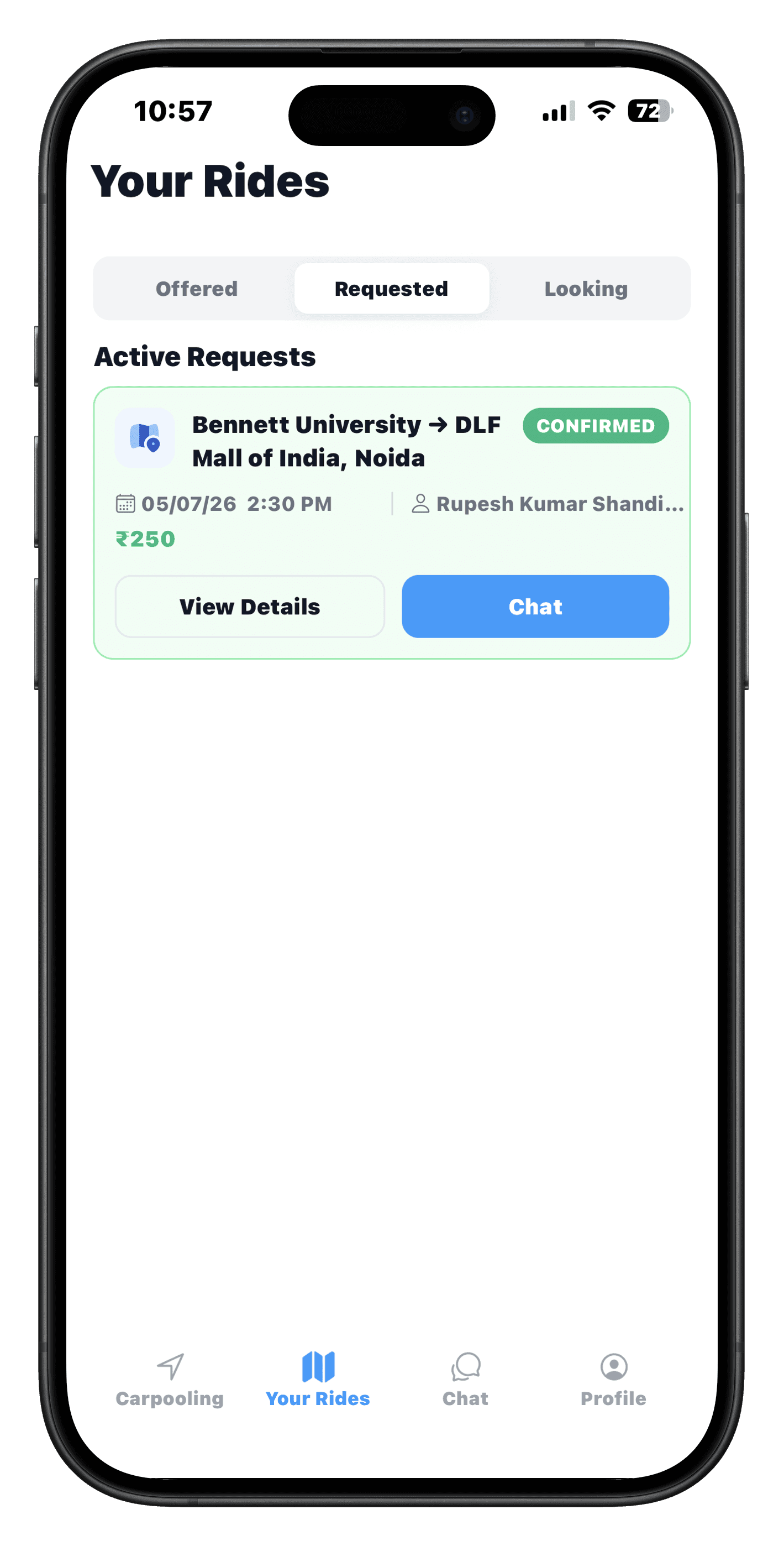 Syinq Your Rides screen showing a confirmed request with a chat option